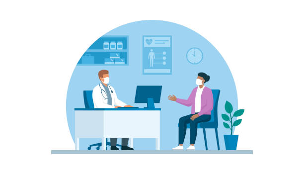 ilustraciones, imágenes clip art, dibujos animados e iconos de stock de reunión del médico y del paciente en la oficina - doctor patient