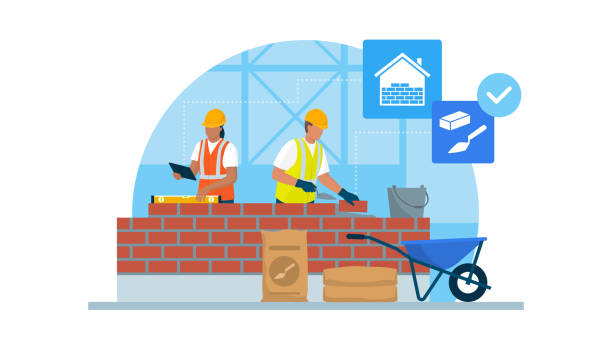 Professional builders at work Professional builders laying bricks and checking brickwork building activity illustrations stock illustrations