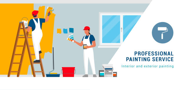 ilustraciones, imágenes clip art, dibujos animados e iconos de stock de pintores profesionales pintando paredes en una habitación residencial - house painter painting paint wall