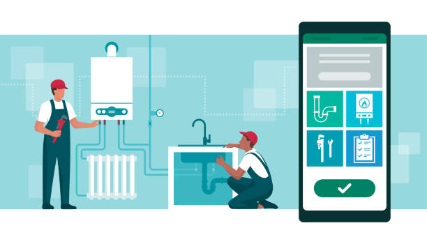 ilustraciones, imágenes clip art, dibujos animados e iconos de stock de reservar un fontanero en línea - plumber