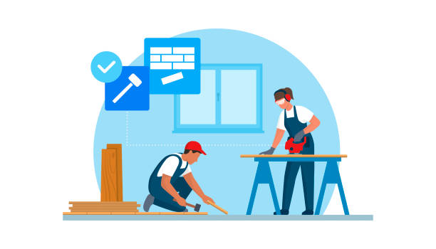 illustrations, cliparts, dessins animés et icônes de entrepreneurs professionnels installant un plancher - rénovation intérieure