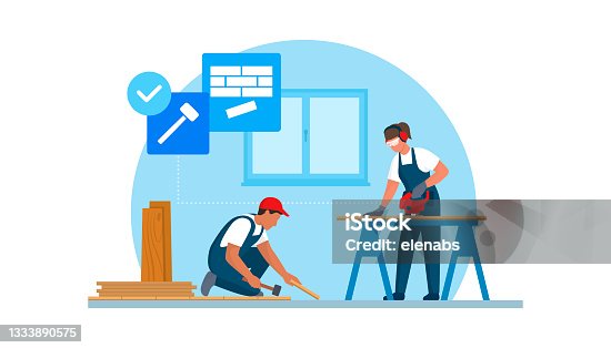 istock Professional contractors installing a floor 1333890575