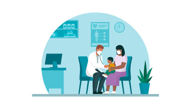 Doctor visiting a baby in his office Professional doctor giving a consultation to a mother with her baby, he is checking his heartbeat medical clinic illustrations stock illustrations