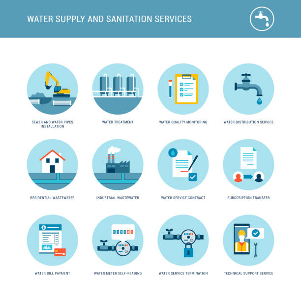 Water supply and sanitation services Water supply and sanitation services icons set: water treatment, distribution and collection service provider sewage treatment plant stock illustrations
