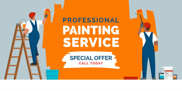 ilustraciones, imágenes clip art, dibujos animados e iconos de stock de promoción profesional del servicio de pintura y pintores en el trabajo - house painter painting paint wall