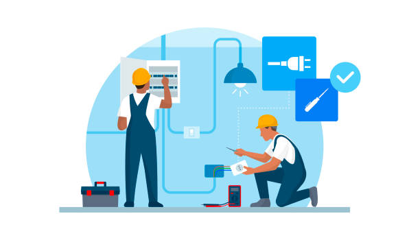 ilustraciones, imágenes clip art, dibujos animados e iconos de stock de electricistas profesionales en el trabajo - instalación eléctrica