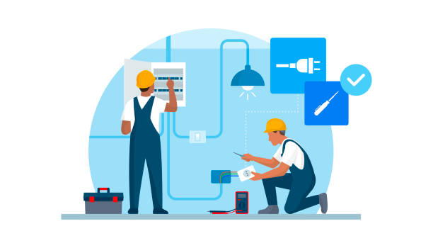 Professional electricians at work Professional electricians at work, they are checking the electrical system and installing a socket electrical outlet illustrations stock illustrations