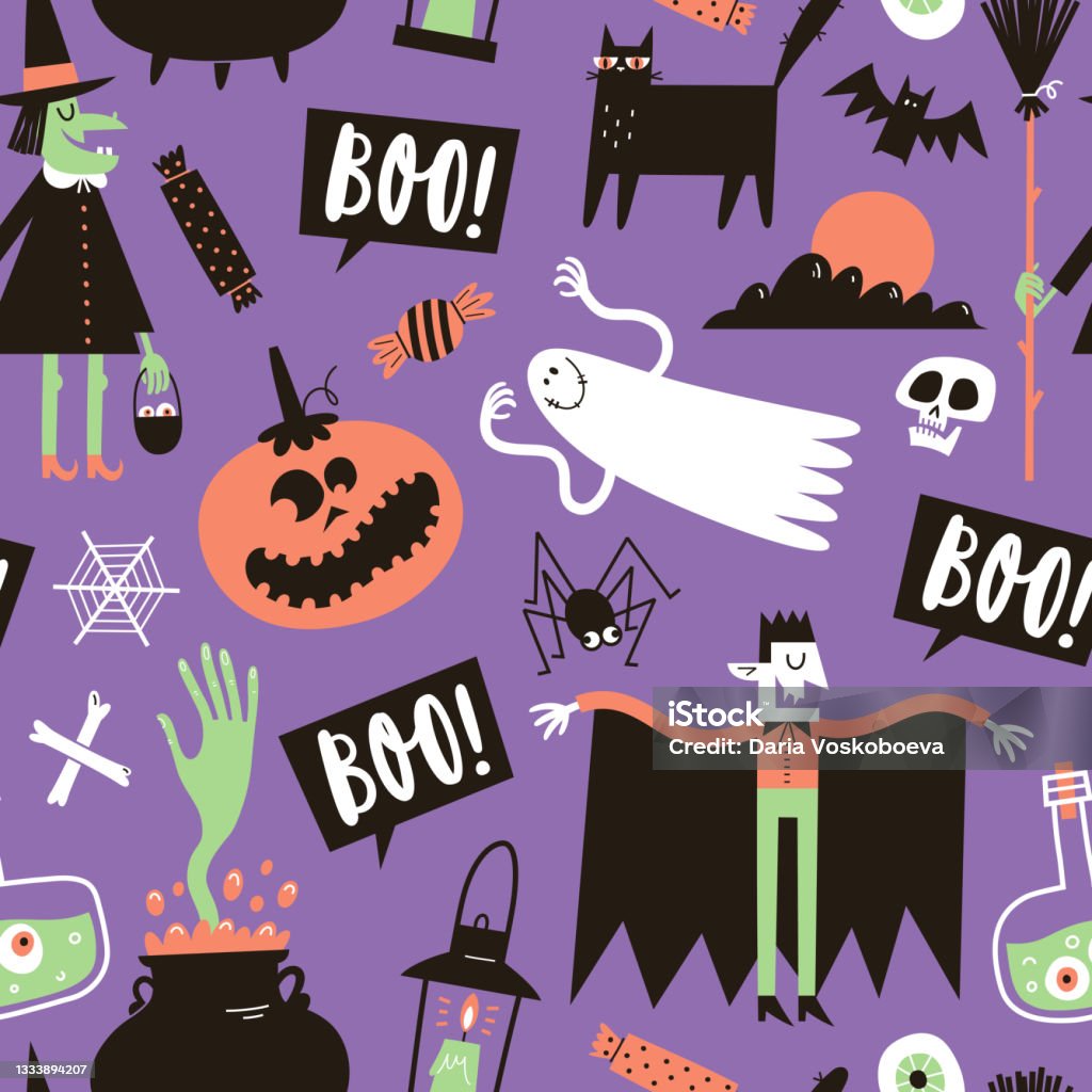Halloween Character Pattern Halloween Seamless Pattern With Cute Hand Drawn Characters Vector ...