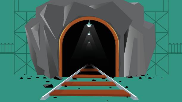 Coal mine entrance with rails in the rock Coal Mine, Entrance, Mine, Tunnel, Cave tunnel illustrations stock illustrations