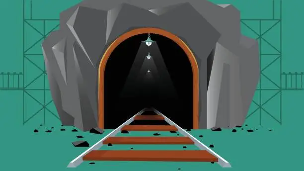 Vector illustration of Coal mine entrance with rails in the rock