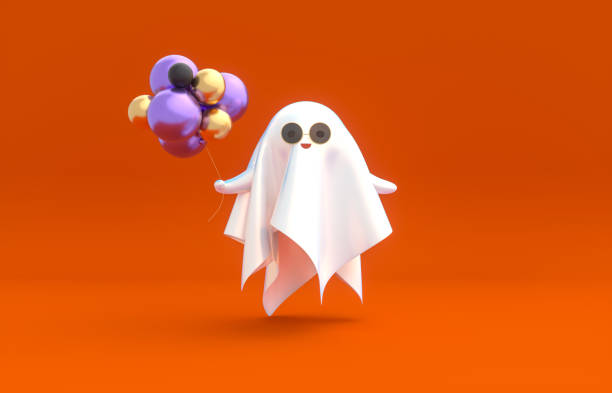 istock Cute 3d Halloween Ghost character holding balloons. Halloween background. 1333895571