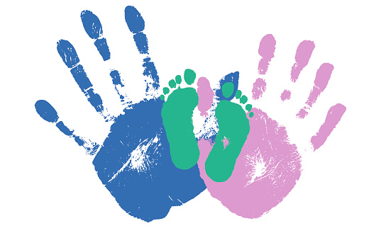 Handprints of woman and man, footprint of baby. Mother, father and child. Vector illustration