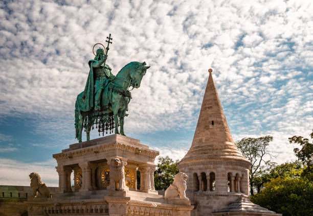 The Statue of Saint Stephen in Fisherman's Bastion, Budapest. The Statue of Saint Stephen (Stephen I, first king of Hungary), in  the southern court of the Fisherman's Bastion in Budapest. It was made by sculpture Alajos Stróbl in 1906. fishermens bastion photos stock pictures, royalty-free photos & images