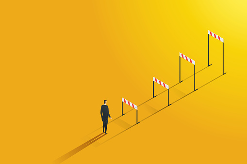 Businessman look at higher career barriers ambitious to overcome by jumping over obstacles. Vector illustration