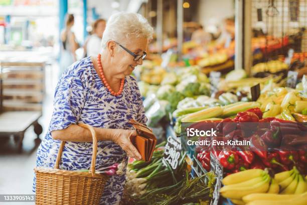 Senior Woman In The City Stock Photo - Download Image Now - Farmer's Market, Senior Adult, 80-89 Years