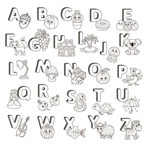 Vector Abc Poster Capital Letters Of The English Alphabet With Cute Cartoon  Zoo Animals And Things Coloring Page For Kindergarten And Preschool  Education Cards For Study English Stock Illustration - Download Image