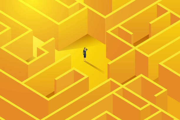 Businesswoman stands inside  to a large complex labyrinth. With challenges Businesswoman stands inside  to a large complex labyrinth. With challenges, decide to solve business problems, overcome the maze. and found success. Vector illustration. maze stock illustrations