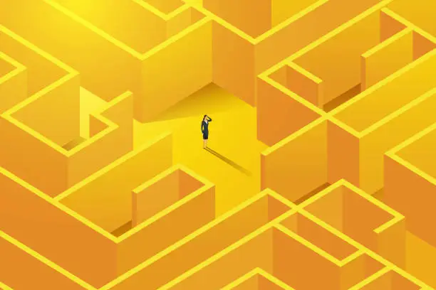 Vector illustration of Businesswoman stands inside  to a large complex labyrinth. With challenges