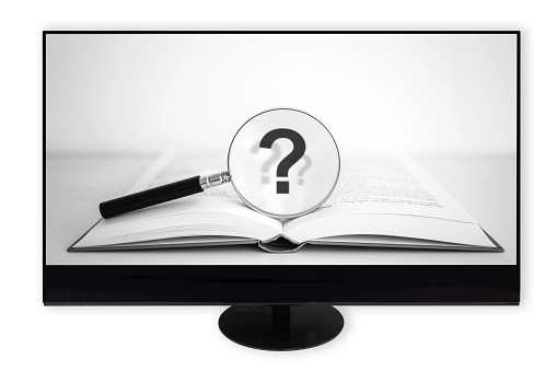 monitor shows open book with magnifying glass and question mark, isolated on white background