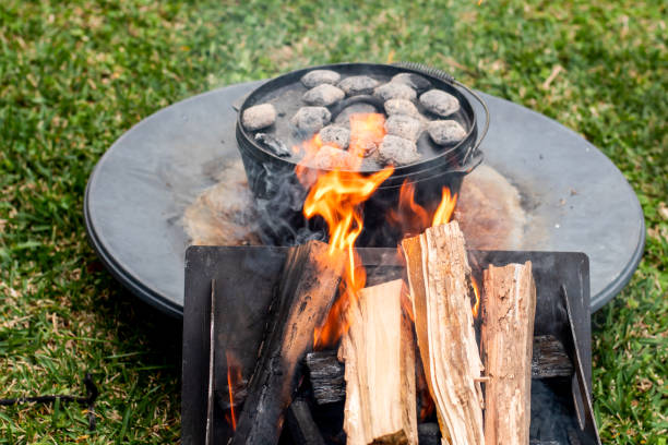 istock Dutch oven camp cooking with coal briquettes beads on top. Campfire 1333911142