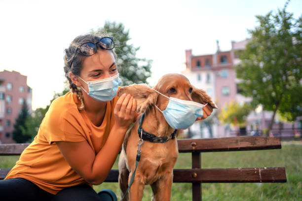 istock Woman and her dog with protective face mask 1333913963