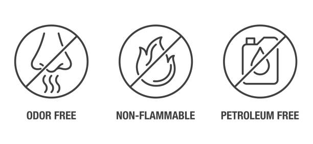 Odor free, Petroleum free, Non-flammable icons set Odor free, Petroleum free, Non-flammable flat icons set for labeling of cleaning agent or other household chemicals flammable stock illustrations