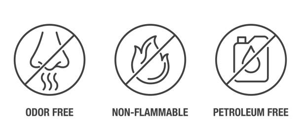 Odor free, Petroleum free, Non-flammable icons set Odor free, Petroleum free, Non-flammable flat icons set for labeling of cleaning agent or other household chemicals home fragrance stock illustrations