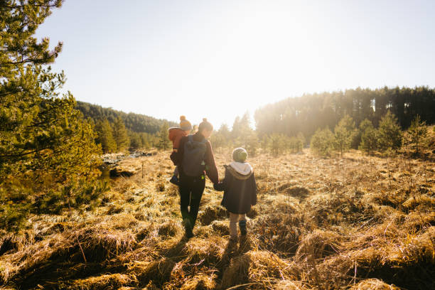 Exploring beautiful outdoors together Photo of young mother setting the standards for a happy and healthy life - by taking her children to a winter walk, on a cold sunny day nature reserve photos stock pictures, royalty-free photos & images