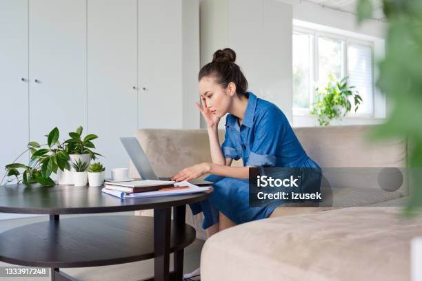 Young Woman Using Laptop In The Office Stock Photo - Download Image Now - 25-29 Years, Adult, Adults Only