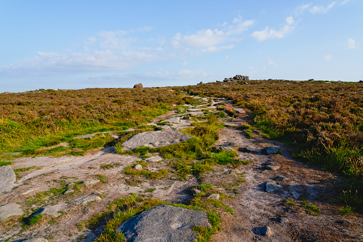 Wide gritstone rock covered path rises up a heather covered slope towards rock formations on the horizon