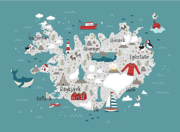 illustrazioni stock, clip art, cartoni animati e icone di tendenza di delizioso design islandese disegnato a mano, animali doodle, case, montagne - ottimo per striscioni, sfondi, stampe, carte - design vettoriale - islande