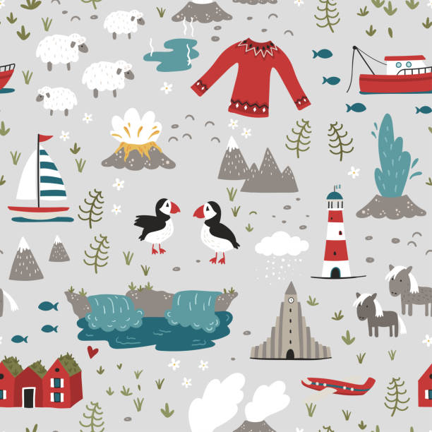 사랑스러운 손으로 그려진 아이슬란드 원활한 패턴, 낙서 동물, 집, 산 - 섬유, 포장, 배너, 배경 화면, 인쇄, 카드에 적합 - 벡터 디자인 - icelandic sheep stock illustrations