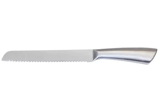 High-quality, high-durable stainless steel serrated bread knife, isolated on white with clipping path.