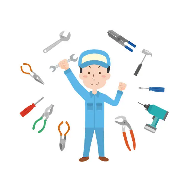 Vector illustration of Various tools and male workers
