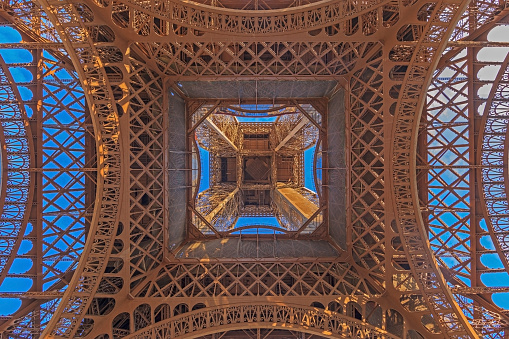 Vertical view of eiffel tower in paris from ground perspective in summer