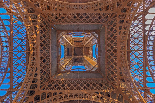 Vertical view of eiffel tower in paris from ground perspective Vertical view of eiffel tower in paris from ground perspective in summer champ de mars stock pictures, royalty-free photos & images