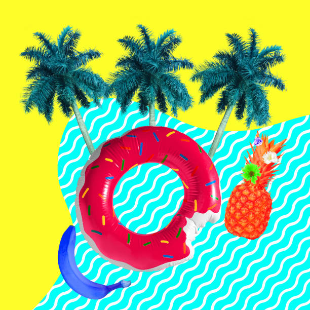 Funny artwork. Creative composition with palms, fruit and swimming circle. Summer mood, vacation, holiday concept