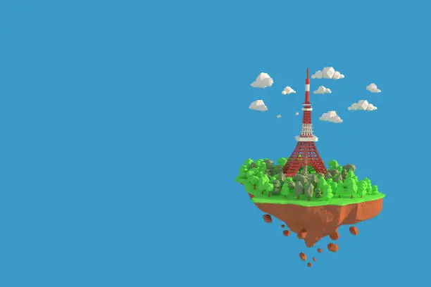 3D illustrator of TokyoTower, Japan. 3D rendering of a low polygon model including path selection