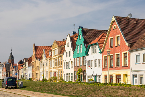 Historic houses at the harbor promenade of Glückstadt, Schleswig-Holstein, Germany