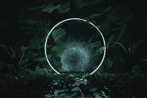 Representación en 3D de forma de círculo de iluminación azul rodeado de árboles de la selva photo