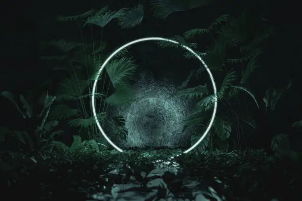 3d rendering of blue lighten circle shape surrounded by jungle trees