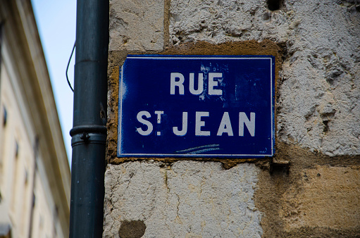 Street sign of Rue St Jean photographed in Lyon, France