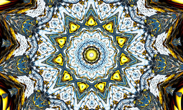 istock Grey and yellow hell Kaleidoscope background. Abstract fractal shapes. Beautiful satanic kaleidoscope texture. Fantasy chaotic colorful fractal pattern. Unique kaleidoscope. Inferno sign of the devil. 1333938104