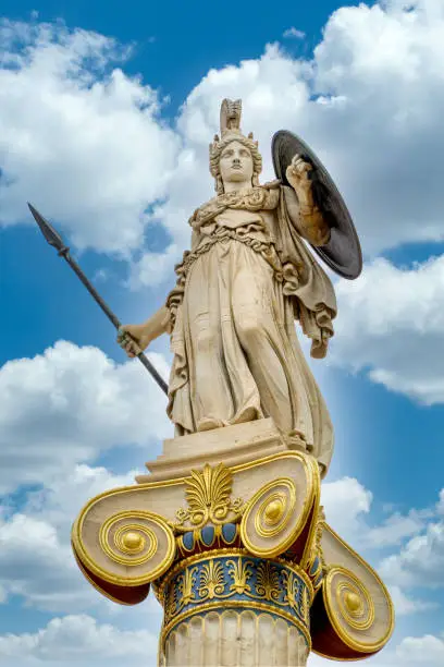 Statue Of Athena With Blue Sky And Clouds at Academy of Athens, Greece