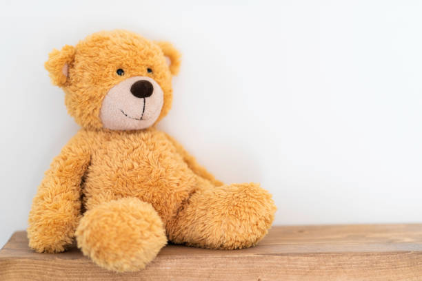 Children's toy photographed in front of white wall background.  The teddy bear was photographed in a children's room. There is room for copy space.
