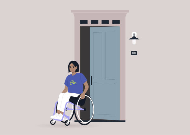 家を出る車椅子の若い女性キャラクター、玄関のドアが開いている - door open house facade点のイラスト素材／クリップアート素材／マンガ素材／アイコン素材