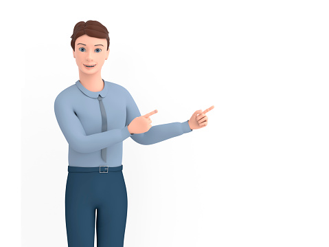 The character of a man dressed in business points to the side. A smiling, positive businessman points with his fingers. Concept for product presentation. 3D Render.