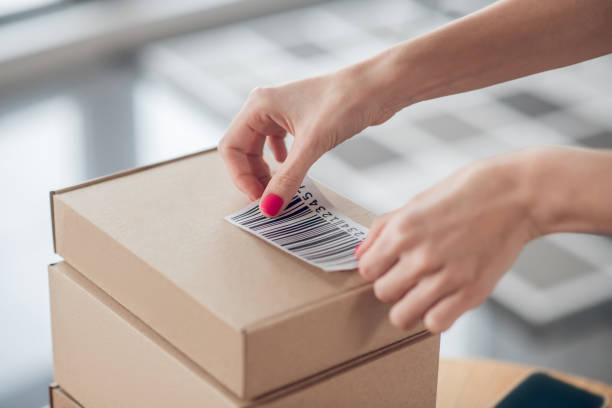istock Woman employee preparing barcoded goods for shipping 1333948632