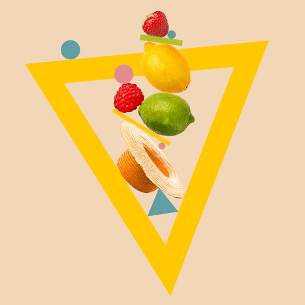 istock Fruit composition. Juicy citrus and berries in triangle frame over pastel background. 1333950047