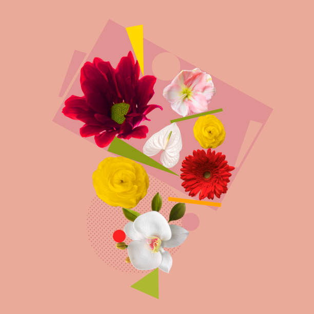 istock Floral composition. Various yellow, red and white flowers over pastel background. 1333950059